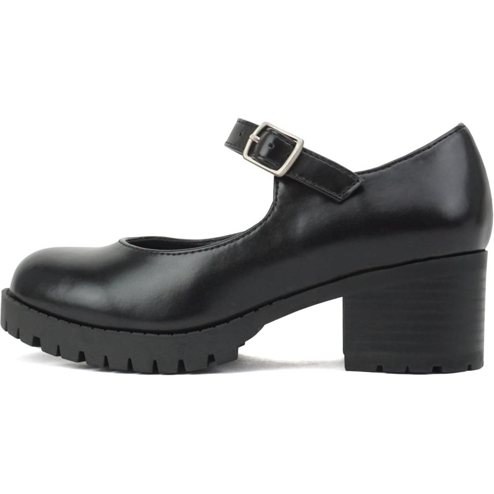 imageSoda Boxer2 KidsChildrenGirls Lug Sole Block Heel Mary Jane with Adjustable StrapBlack Pu