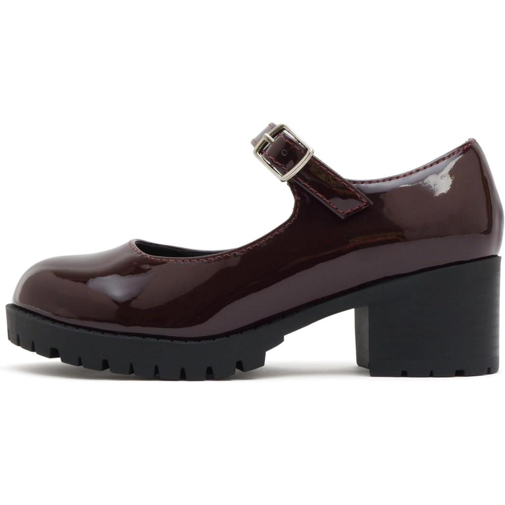 imageSoda Boxer2 KidsChildrenGirls Lug Sole Block Heel Mary Jane with Adjustable StrapBurgundy Patent