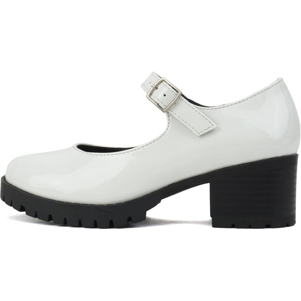 imageSoda Boxer2 KidsChildrenGirls Lug Sole Block Heel Mary Jane with Adjustable StrapWhite Patent