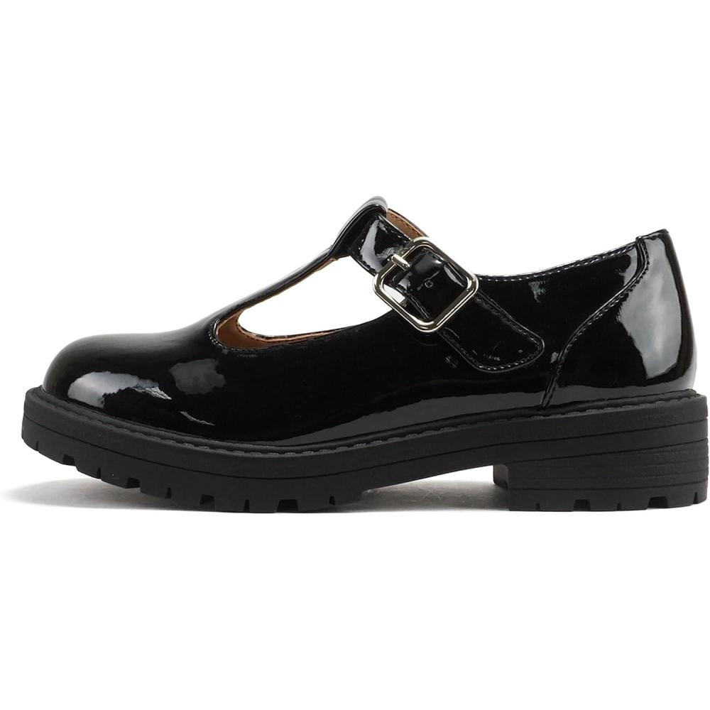 imageSoda GARNY2  Little KidsChildrenGirls Round Closed Toe Hook ampamp Loop TStrap Mary Jane Lug Sole Low Heel ShoeBlack Patent