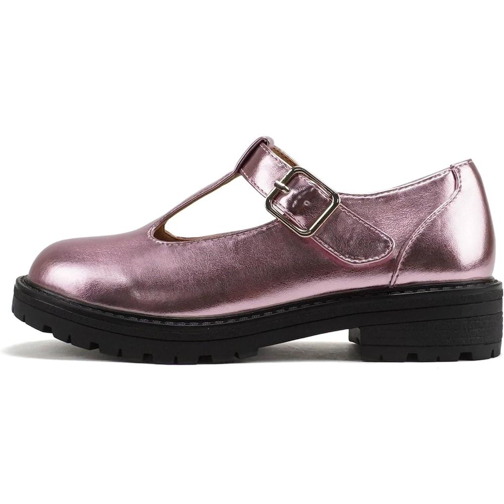 imageSoda GARNY2  Little KidsChildrenGirls Round Closed Toe Hook ampamp Loop TStrap Mary Jane Lug Sole Low Heel ShoePink Metallic Pu