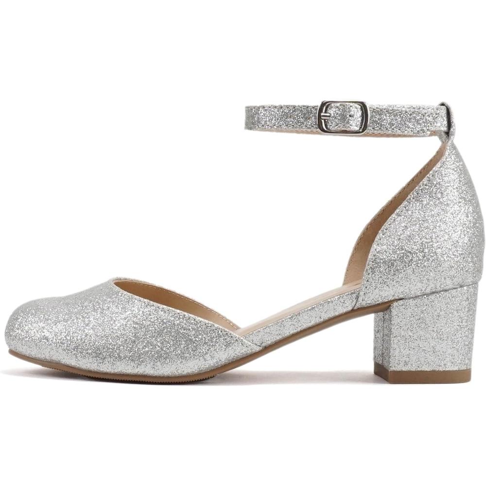 imageSoda Roby2  Little KidsChildrenGirls Round Closed Toe Closed Back Counter Open Side Ankle Strap Low Block Heel Pump ShoeSilver Glitter
