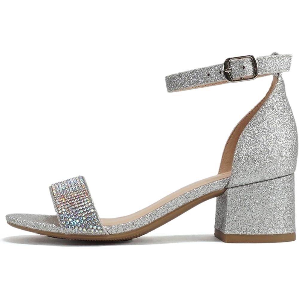 imageSoda VEIL2  Little KidsChildrenGirls Open Round Toe Rhinestone Closed Back Counter Ankle Strap Low Heel SandalSilver Glitter