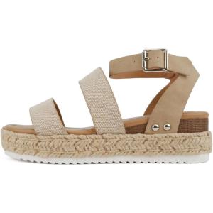 Soda BRYCE-2 Kids/Children/Girls Open Toe Two Bands Espadrille Jute Platform Wedge Casual Fashion Flatform Sandals with Buckle Ankle Strap(Beige Canvas/Taupe)