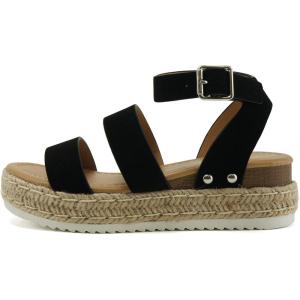 Soda BRYCE-2 Kids/Children/Girls Open Toe Two Bands Espadrille Jute Platform Wedge Casual Fashion Flatform Sandals with Buckle Ankle Strap(Black Nubuck)