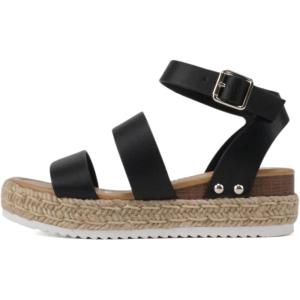 Soda BRYCE-2 Kids/Children/Girls Open Toe Two Bands Espadrille Jute Platform Wedge Casual Fashion Flatform Sandals with Buckle Ankle Strap(Black Pu)