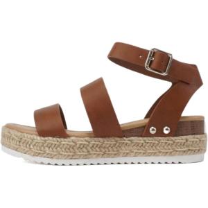 Soda BRYCE-2 Kids/Children/Girls Open Toe Two Bands Espadrille Jute Platform Wedge Casual Fashion Flatform Sandals with Buckle Ankle Strap(Cognac Pu)