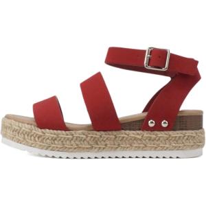 Soda BRYCE-2 Kids/Children/Girls Open Toe Two Bands Espadrille Jute Platform Wedge Casual Fashion Flatform Sandals with Buckle Ankle Strap(Lipstick Red Nubuck)