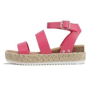 Soda BRYCE-2 Kids/Children/Girls Open Toe Two Bands Espadrille Jute Platform Wedge Casual Fashion Flatform Sandals with Buckle Ankle Strap(Pink Pu)