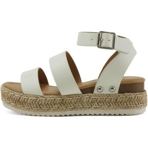 Soda BRYCE-2 Kids/Children/Girls Open Toe Two Bands Espadrille Jute Platform Wedge Casual Fashion Flatform Sandals with Buckle Ankle Strap(White Pu)