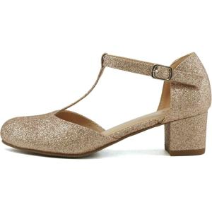 Soda Bluff-2 Kids/Children/Girls Fashion Sparkly Bling Glitter Classic T-Strap Mary Jane Block Heel Rounded Shoes(R-gold Glitter)