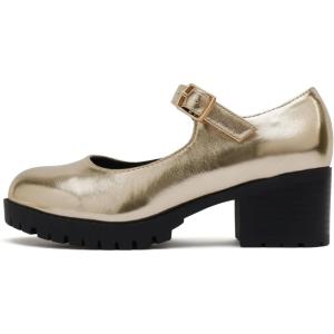 Soda Boxer-2 Kids/Children/Girls Lug Sole Block Heel Mary Jane with Adjustable Strap(Gold Pu)