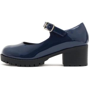 Soda Boxer-2 Kids/Children/Girls Lug Sole Block Heel Mary Jane with Adjustable Strap(Navy Patent)