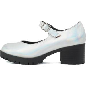Soda Boxer-2 Kids/Children/Girls Lug Sole Block Heel Mary Jane with Adjustable Strap(Silver Iridescent Pu)