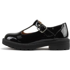 Soda “GARNY-2” ~ Little Kids/Children/Girls Round Closed Toe Hook & Loop T-Strap Mary Jane Lug Sole Low Heel Shoe(Black Patent)