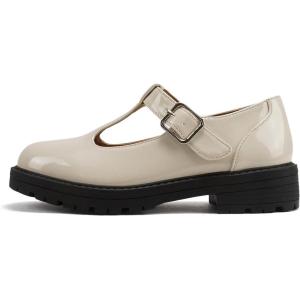 Soda “GARNY-2” ~ Little Kids/Children/Girls Round Closed Toe Hook & Loop T-Strap Mary Jane Lug Sole Low Heel Shoe(Bone Patent)