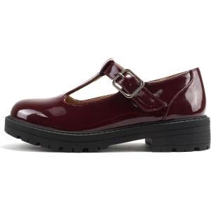 Soda “GARNY-2” ~ Little Kids/Children/Girls Round Closed Toe Hook & Loop T-Strap Mary Jane Lug Sole Low Heel Shoe(Burgundy Patent)