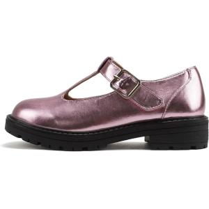 Soda “GARNY-2” ~ Little Kids/Children/Girls Round Closed Toe Hook & Loop T-Strap Mary Jane Lug Sole Low Heel Shoe(Pink Metallic Pu)