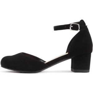 Soda “Roby-2” ~ Little Kids/Children/Girls Round Closed Toe Closed Back Counter Open Side Ankle Strap Low Block Heel Pump Shoe(Black Nubuck)