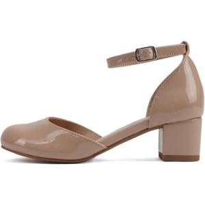 Soda “Roby-2” ~ Little Kids/Children/Girls Round Closed Toe Closed Back Counter Open Side Ankle Strap Low Block Heel Pump Shoe(Rosy Beige Patent)