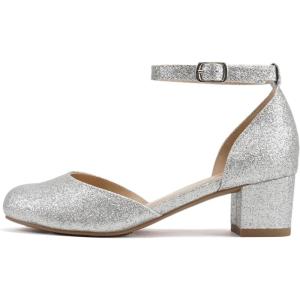 Soda “Roby-2” ~ Little Kids/Children/Girls Round Closed Toe Closed Back Counter Open Side Ankle Strap Low Block Heel Pump Shoe(Silver Glitter)