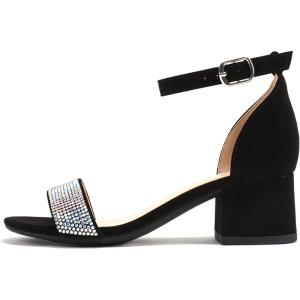 Soda “VEIL-2” ~ Little Kids/Children/Girls Open Round Toe Rhinestone Closed Back Counter Ankle Strap Low Heel Sandal(Black Nubuck)