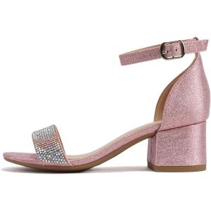 Soda “VEIL-2” ~ Little Kids/Children/Girls Open Round Toe Rhinestone Closed Back Counter Ankle Strap Low Heel Sandal(Pink Fabric)