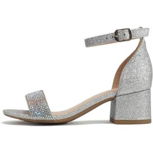 Soda “VEIL-2” ~ Little Kids/Children/Girls Open Round Toe Rhinestone Closed Back Counter Ankle Strap Low Heel Sandal(Silver Glitter)