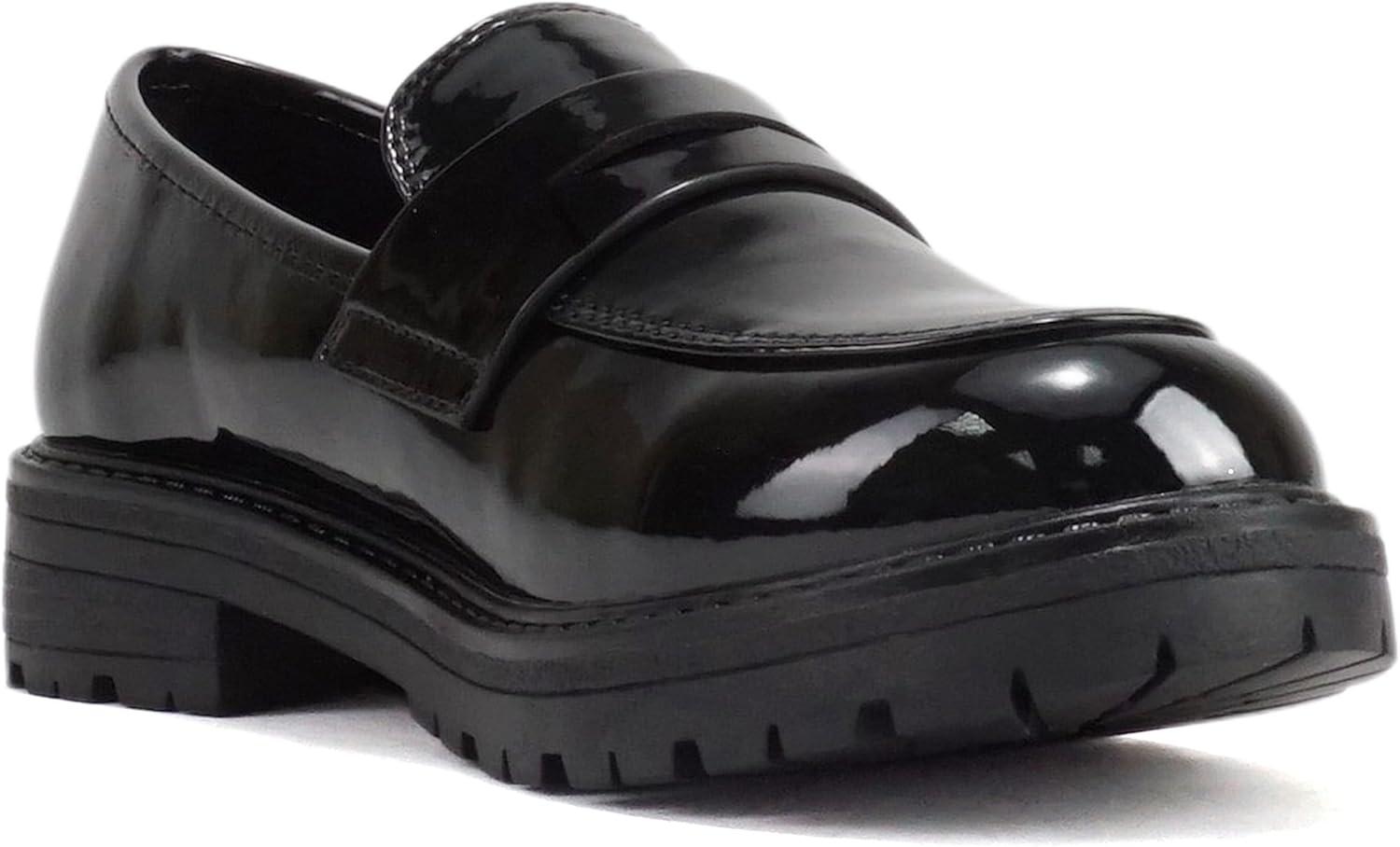 imageSoda Raya2  Little KidsChildrenGirls Round Toe Stitch Detail Lug Sole Low Heel Penny Loafer ShoeBlack Patent