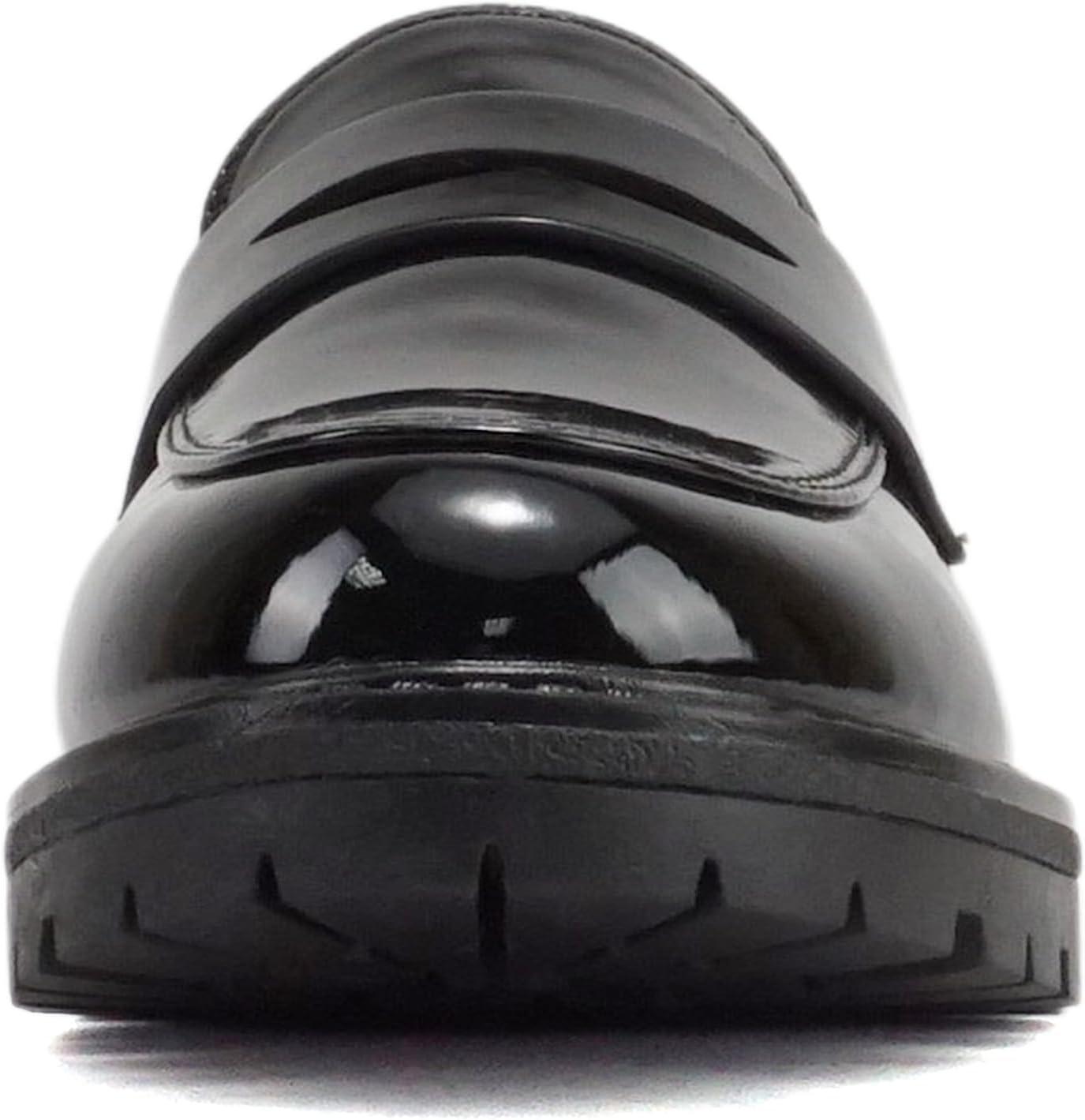 imageSoda Raya2  Little KidsChildrenGirls Round Toe Stitch Detail Lug Sole Low Heel Penny Loafer ShoeBlack Patent