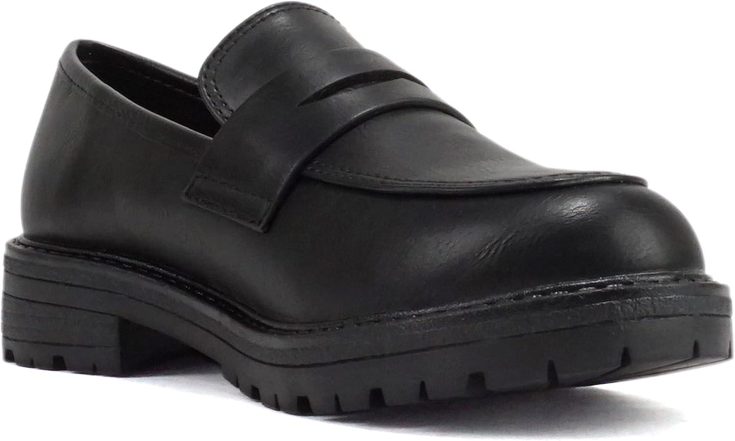 imageSoda Raya2  Little KidsChildrenGirls Round Toe Stitch Detail Lug Sole Low Heel Penny Loafer ShoeBlack Pu