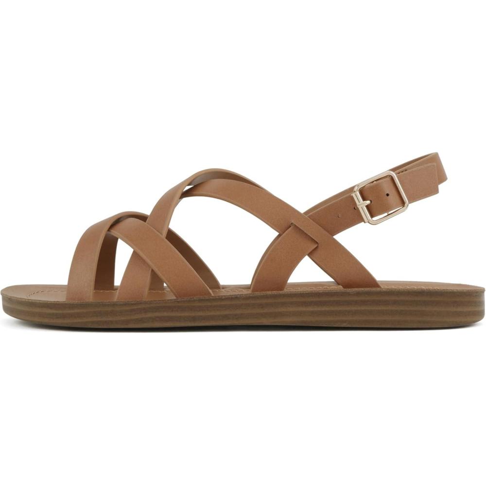imageSoda WATCH  Women Casual Open Toe Gladiator Crisscross with Sling Back Buckle Fashion Slide Flat SandalAcognac Pu