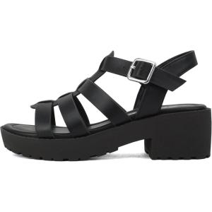 Soda “NEOLA-2” ~ Little Kids/Children/Girls Open Toe Ankle Strap Low Heel Lug Sole Fisherman Sandal(Black Pu)