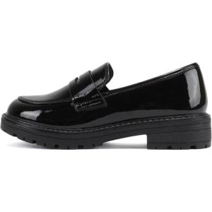 Soda “Raya-2” ~ Little Kids/Children/Girls Round Toe Stitch Detail Lug Sole Low Heel Penny Loafer Shoe(Black Patent)