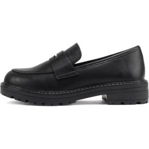 Soda “Raya-2” ~ Little Kids/Children/Girls Round Toe Stitch Detail Lug Sole Low Heel Penny Loafer Shoe(Black Pu)