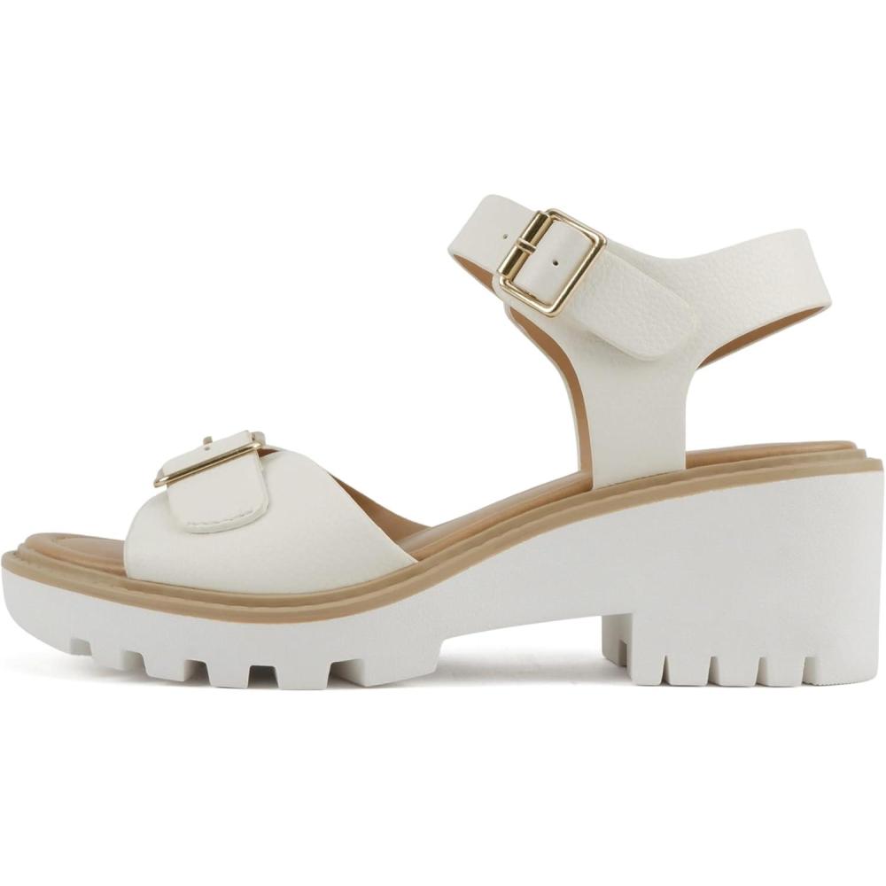 imageSoda Remo  Women Round Toe Buckle Strap Lug Sole Wedge SandalOwhite Pu