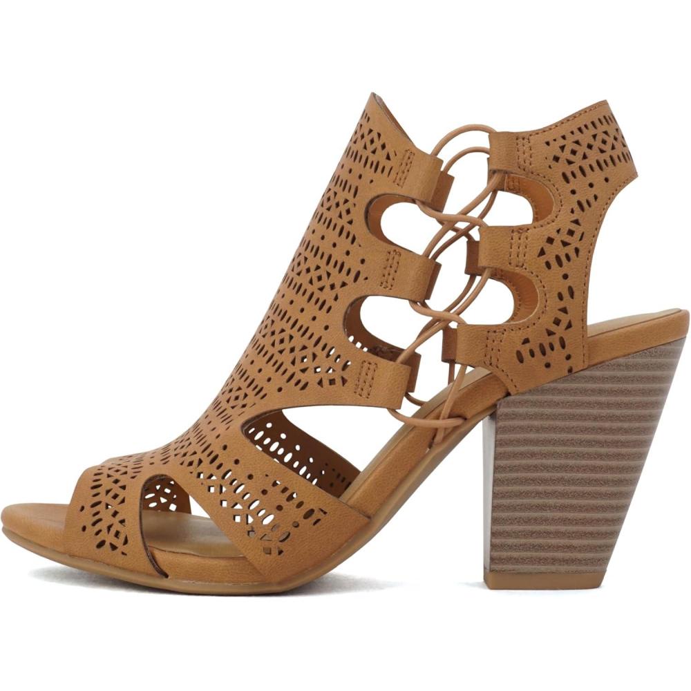 imageSoda Zuka  Women Open Toe Laser Cut High Heel Sandal with Adjustable Ankle StrapTan Nubuck