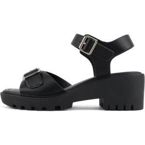 Soda Remo ~ Women Round Toe Buckle Strap Lug Sole Wedge Sandal(Black Pu)