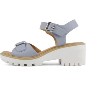 Soda Remo ~ Women Round Toe Buckle Strap Lug Sole Wedge Sandal(L-blue Pu)