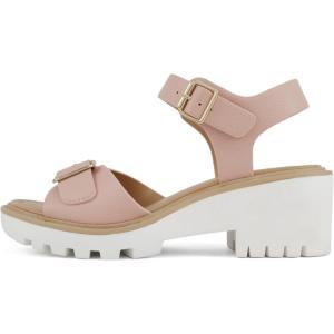 Soda Remo ~ Women Round Toe Buckle Strap Lug Sole Wedge Sandal(Mauve Pu)