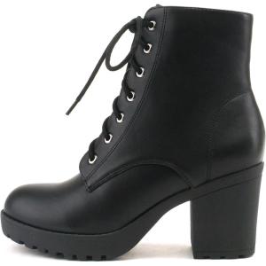 Soda WITTY Women’s Lace Up Block Mid Heel Side Zipper Platform Booties(Black Pu Witty)