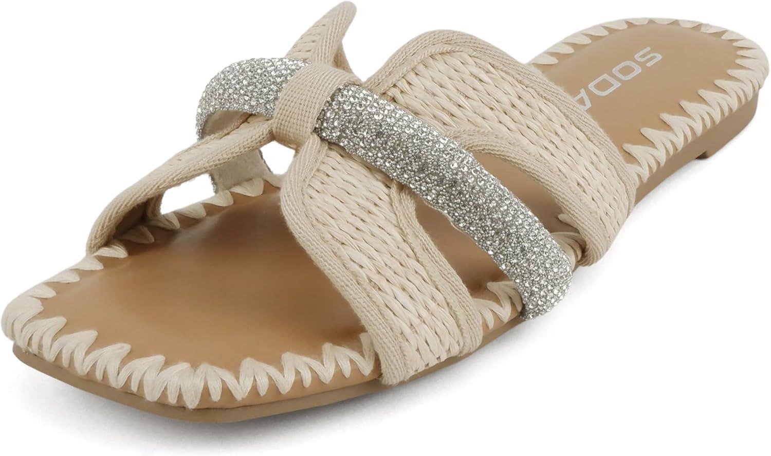 imageSoda Kalani  Women Square Toe HBand Slide Sandals with RhinestonesCream Raffia