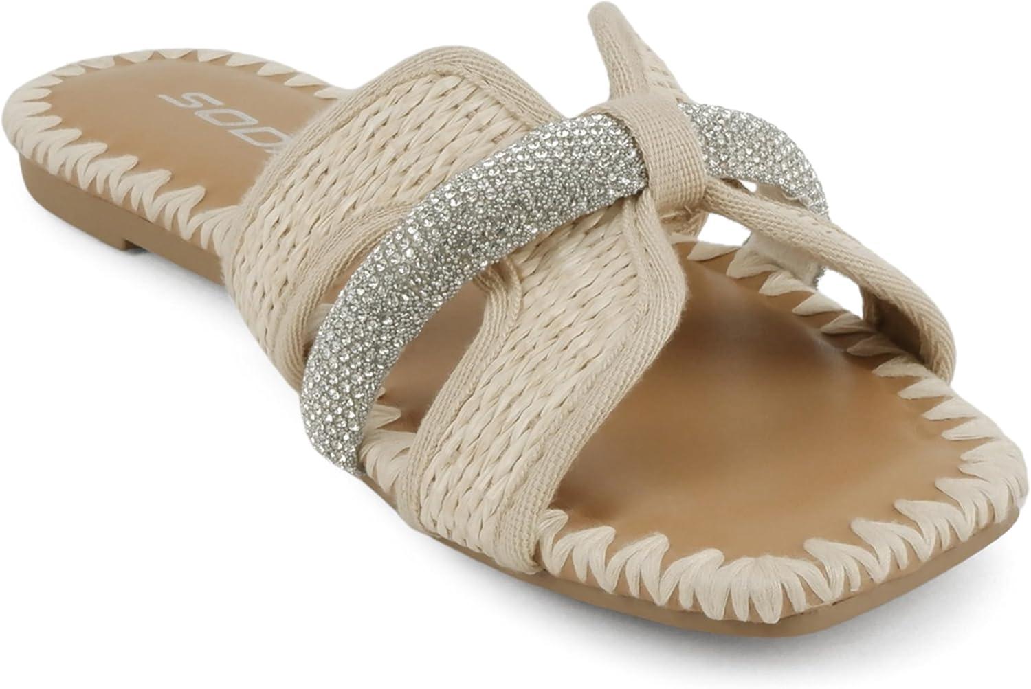 imageSoda Kalani  Women Square Toe HBand Slide Sandals with RhinestonesCream Raffia