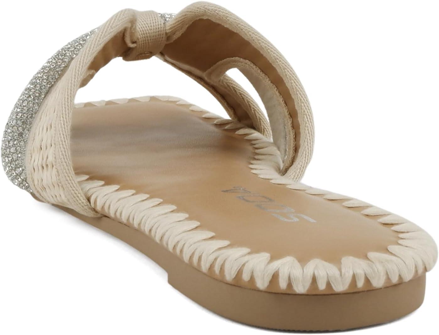 imageSoda Kalani  Women Square Toe HBand Slide Sandals with RhinestonesCream Raffia