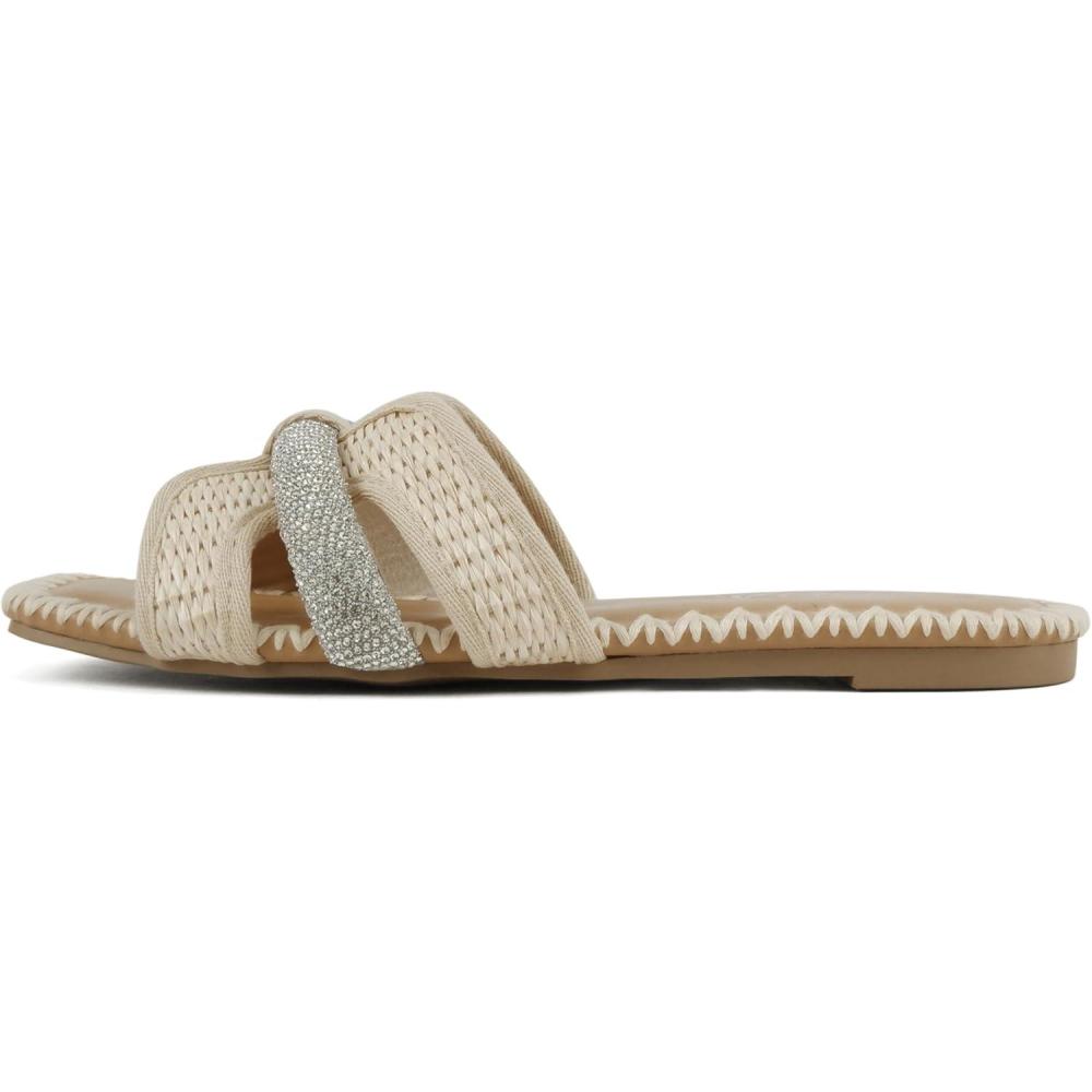 imageSoda Kalani  Women Square Toe HBand Slide Sandals with RhinestonesCream Raffia