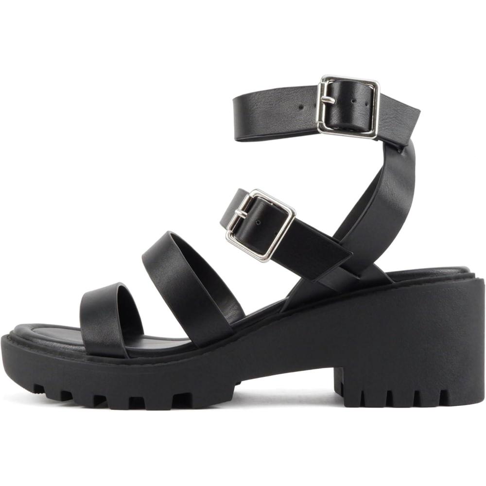 imageSoda Napoli  Women Round Toe Lug Sole Gladiator Wedge SandalBlack Pu