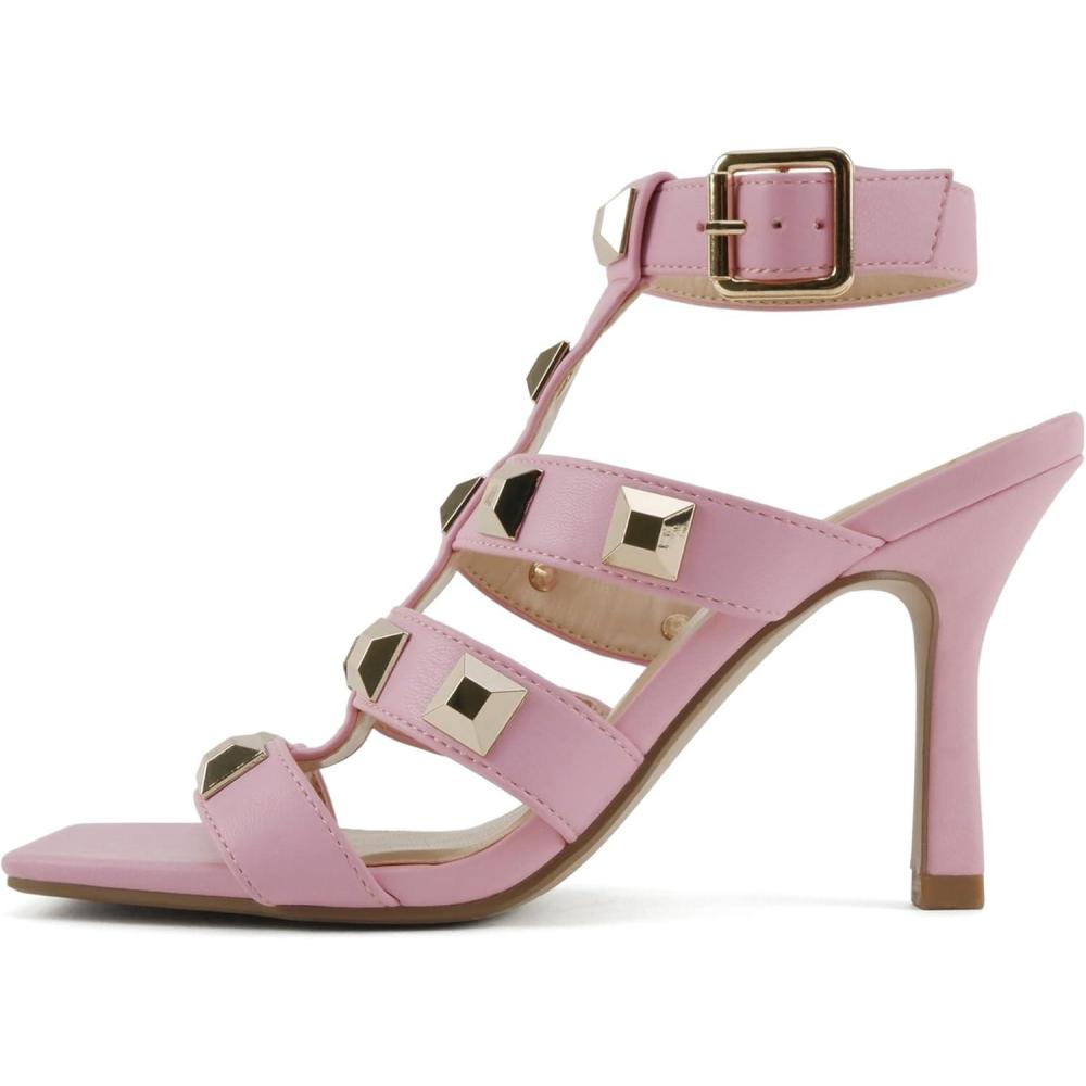imageSoda Upton  Women Square Toe Studded MultiStrap High Heeled Fisherman SandalsPink Pu