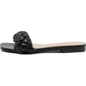 Soda BALL ~ Women Casual Open Square Toe Comfort Fashion puffy Braided Woven Slip on Flat Sandals(Black/Black)