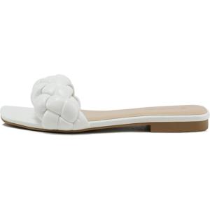 Soda BALL ~ Women Casual Open Square Toe Comfort Fashion puffy Braided Woven Slip on Flat Sandals(White)