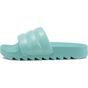 Soda BETWEEN ~ Women Flat Open Toe Single Plush Wide Strap With Fashion Footbed Slide Sandal(L-teal Pu)